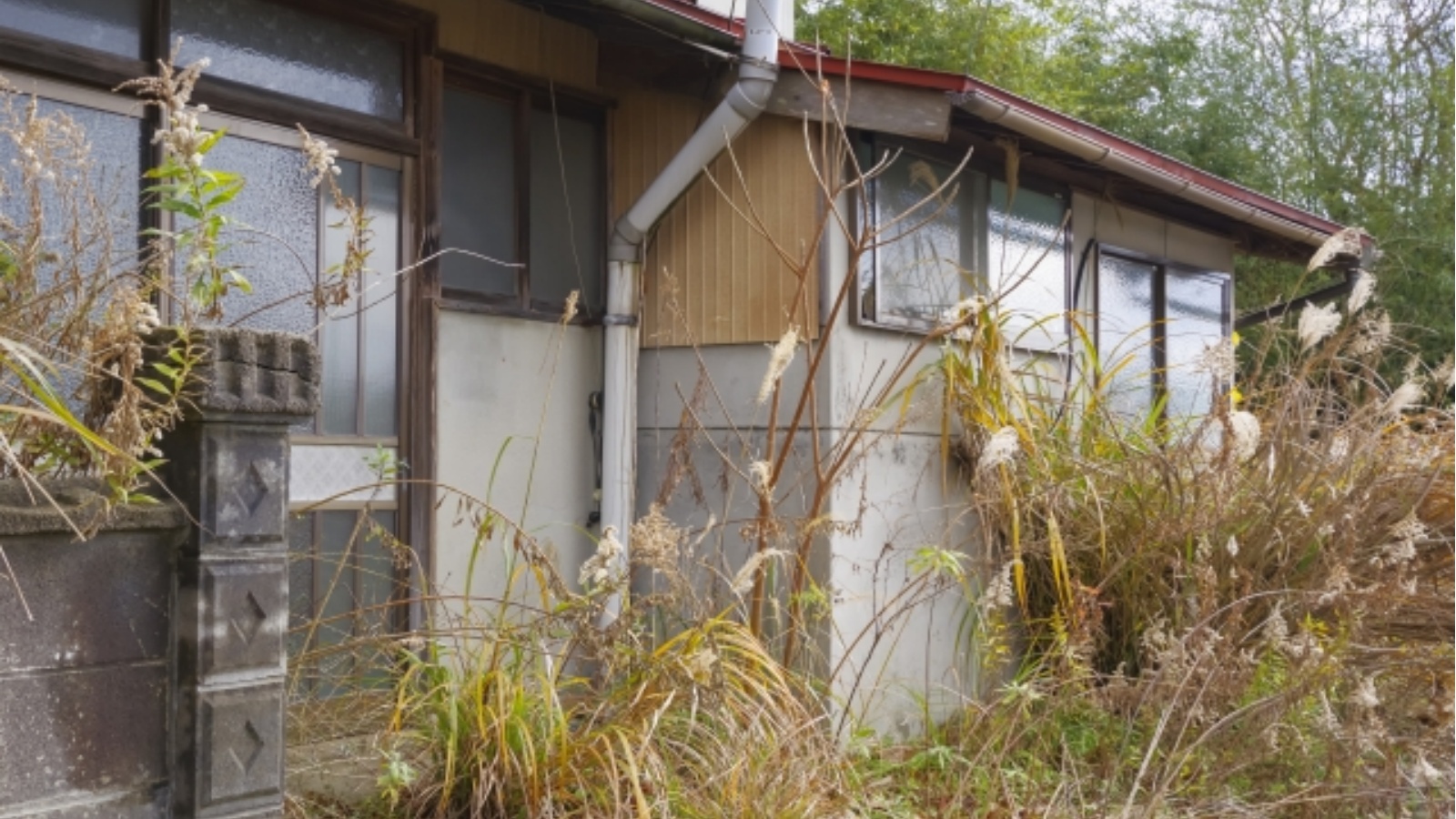 雨戸を閉ざした昭和期の木造空き家