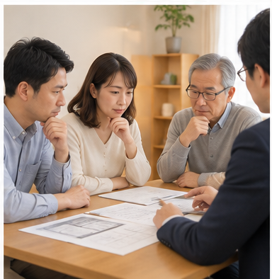 親世代と子世代が実家の資料を見ながら穏やかに話し合う様子