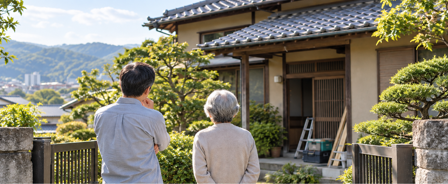 京都東部の落ち着いた住宅地と、実家の将来を考える家族のイメージ