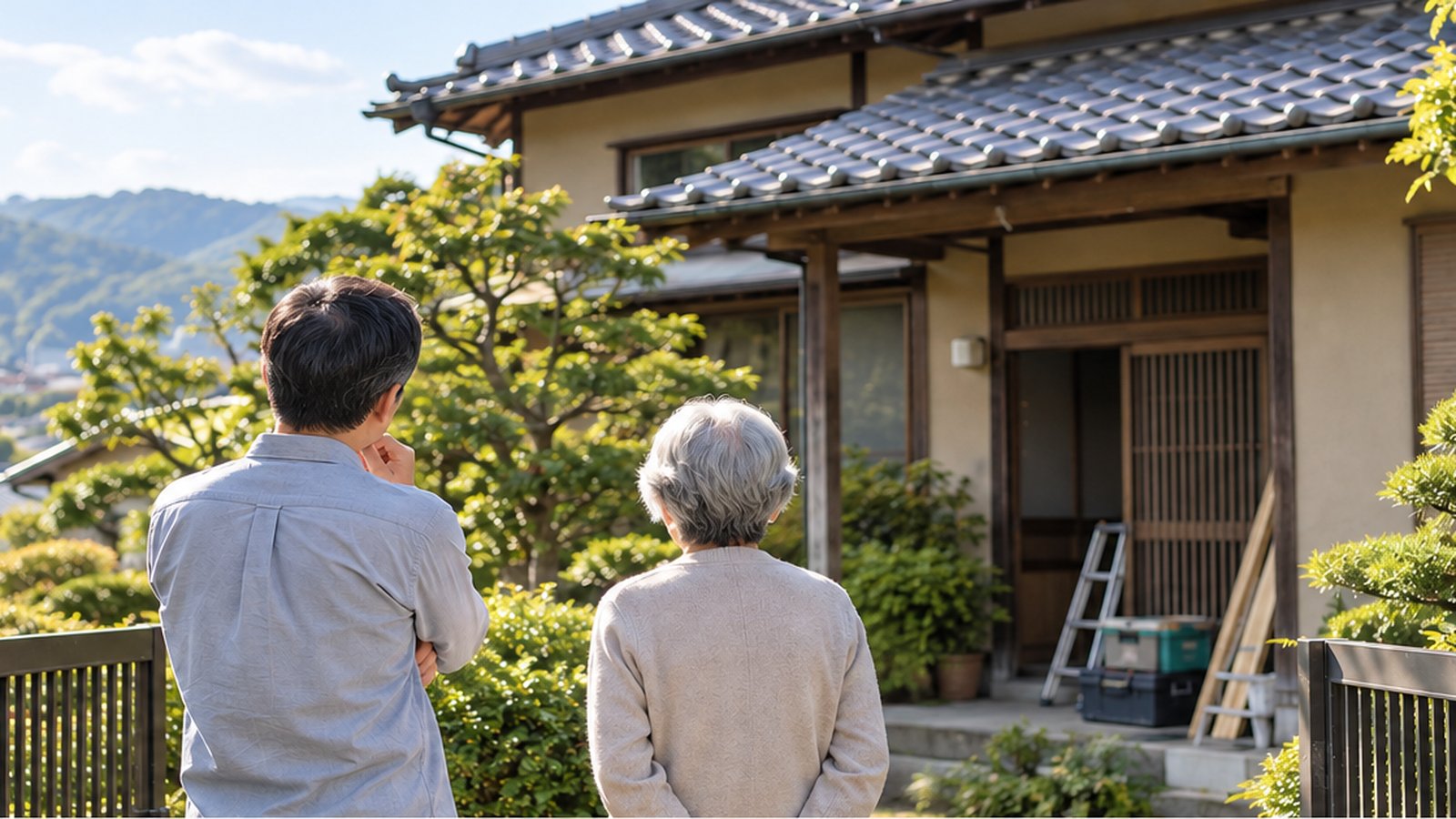 京都東部の落ち着いた住宅地と、実家の将来を考える家族のイメージ