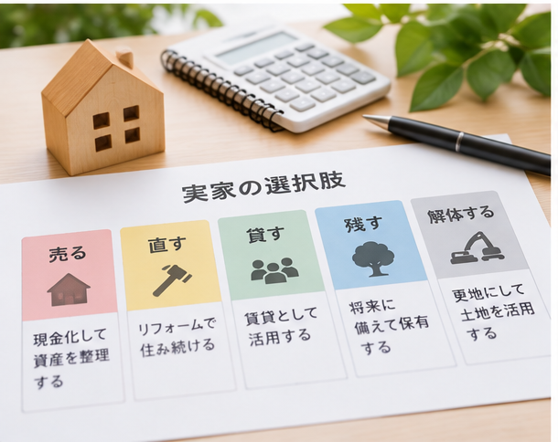 売る・直す・貸す・残す・解体する、実家の5つの選択肢を比較するイメージ