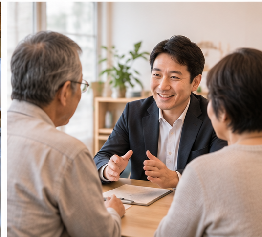 家族が資料を広げ、実家の今後を落ち着いて相談しているイメージ