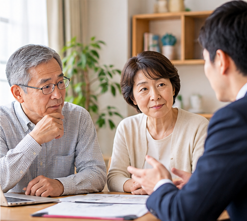 ご夫婦が専門家と実家の今後について相談しているイメージ