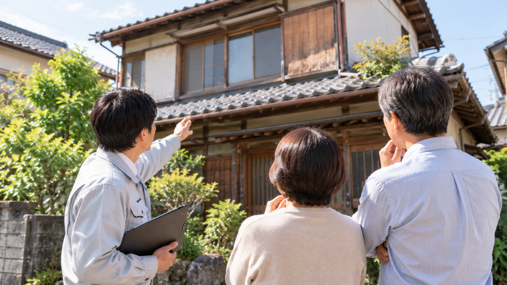 担当者が家族と一緒に、実家の屋根や外壁の状態を確認しているイメージ