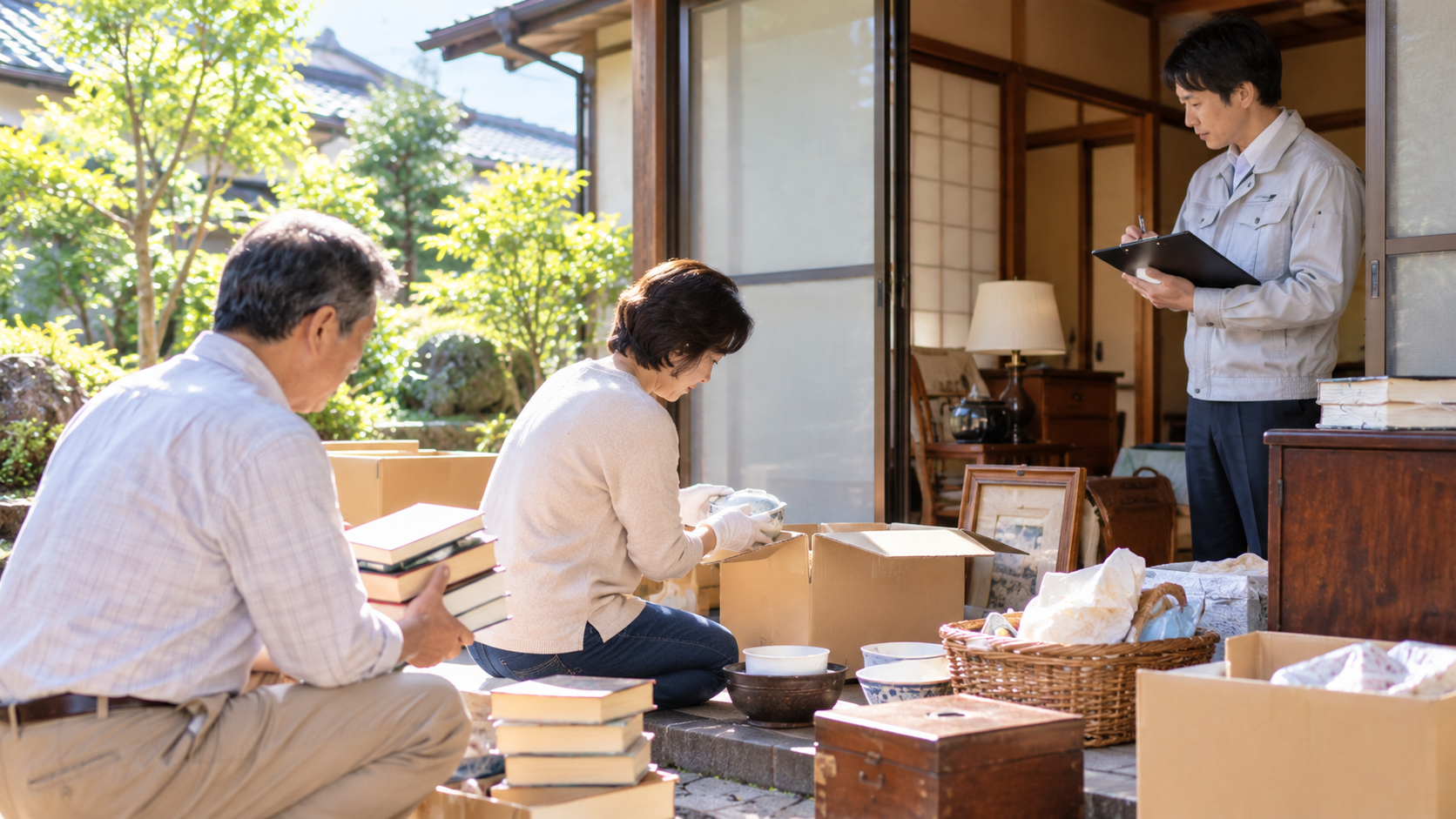 家族が実家の荷物を整理し、担当者が室内の状況を記録しているイメージ