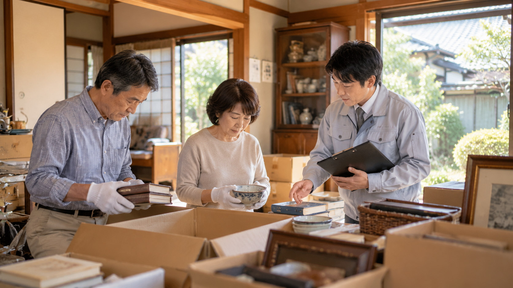 家族と担当者が室内で家財を確認しながら、実家の今後を相談しているイメージ