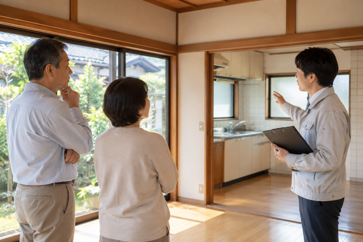 相続した実家の室内で、担当者が家族にキッチンなどの状態を説明しているイメージ