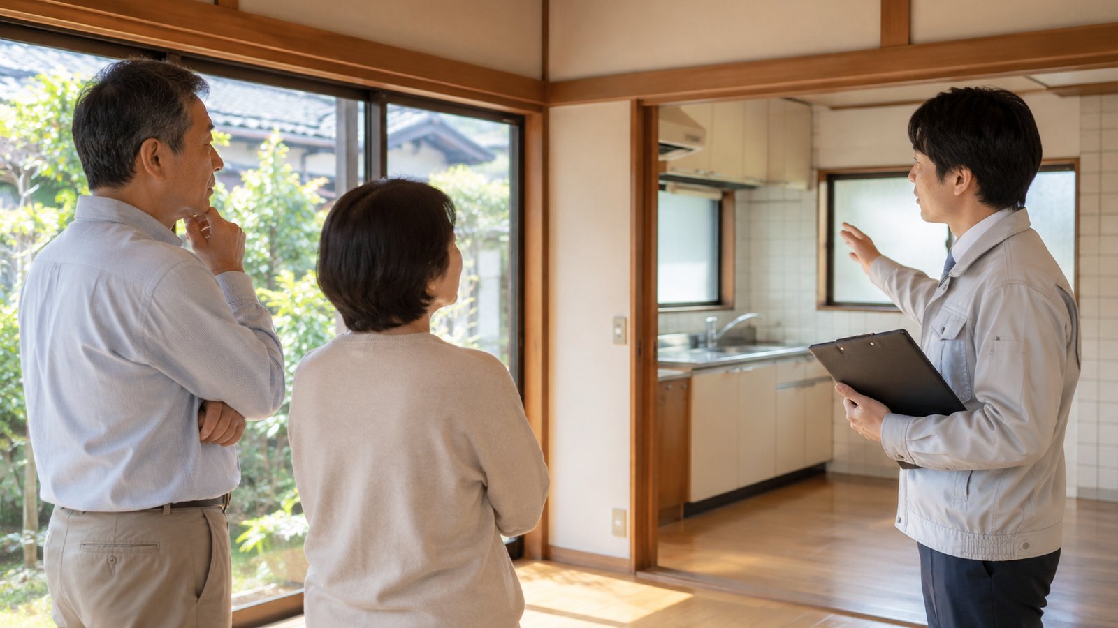 相続した実家の室内で、担当者が家族に状態を説明しているイメージ