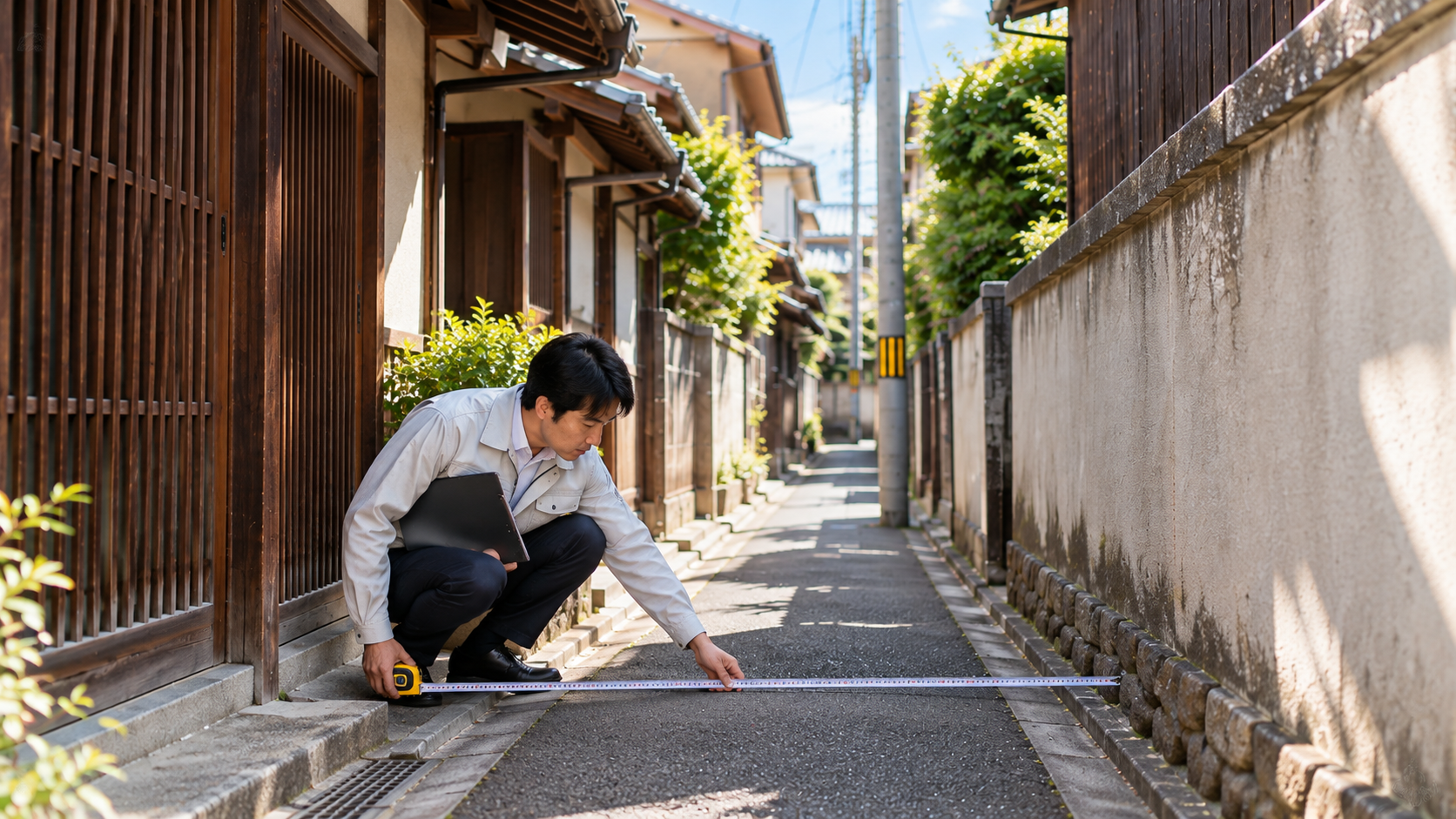 京都の住宅地で、担当者が建物の前の細い生活道路の幅を測って確認している様子
