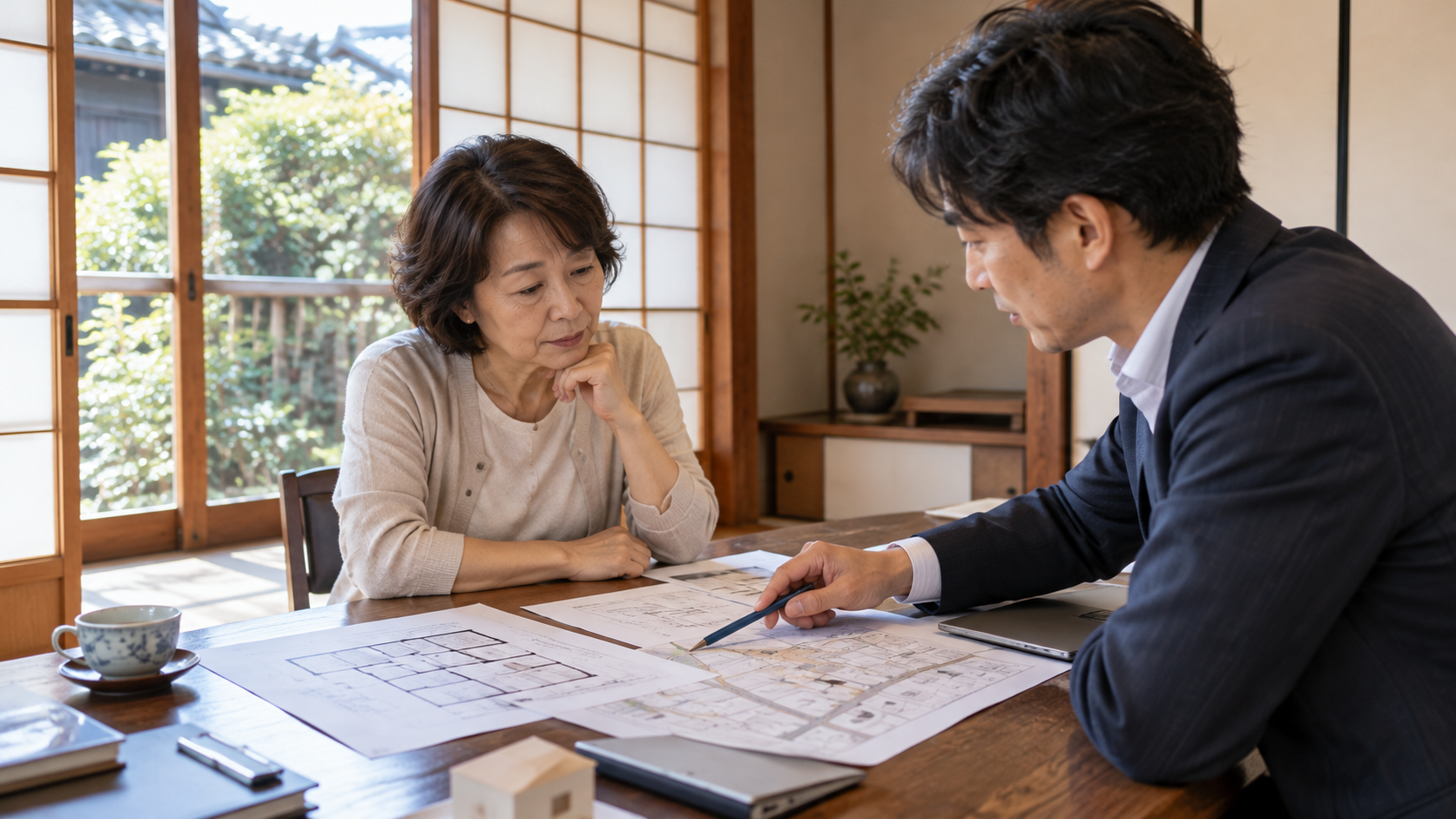 古い実家の図面と道路資料を広げて、所有者と担当者が室内で相談している様子