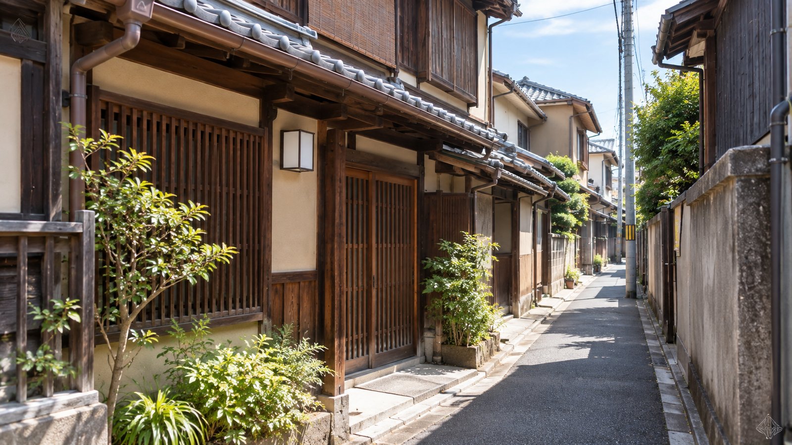 京都の細い路地に面した古い木造住宅の外観