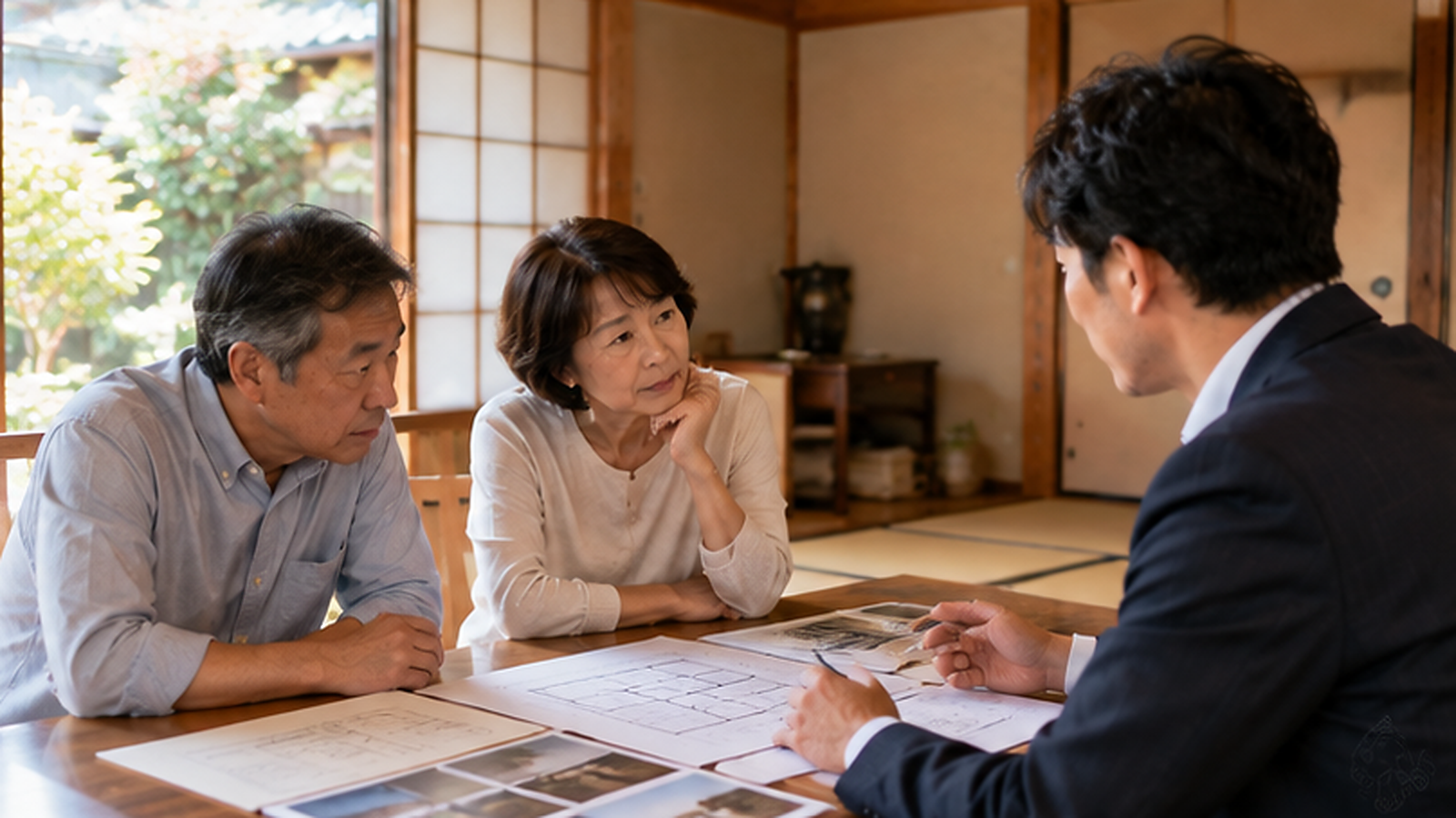 ご夫婦が担当者と図面や写真を見ながら、実家の今後を相談している様子