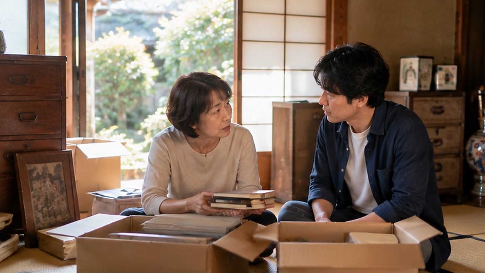 相続した実家の和室で家族が家財の扱いを話し合う様子