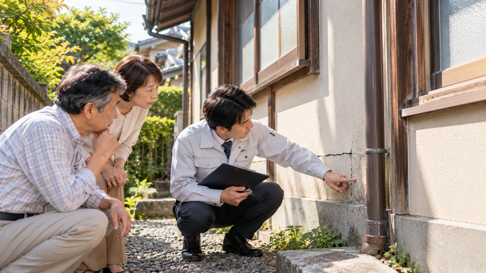 担当者が家族と一緒に、空き家の外壁の足元や雨樋まわりを確認している様子