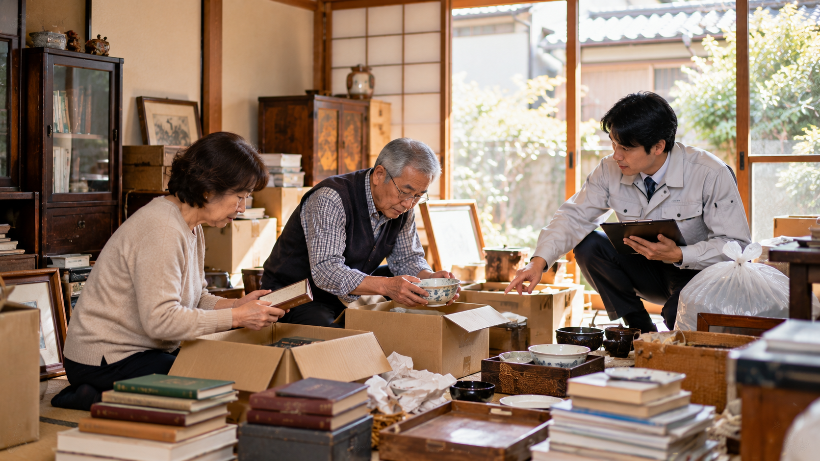 家族と担当者が実家の室内で家財や資料を確認しながら今後を相談している様子