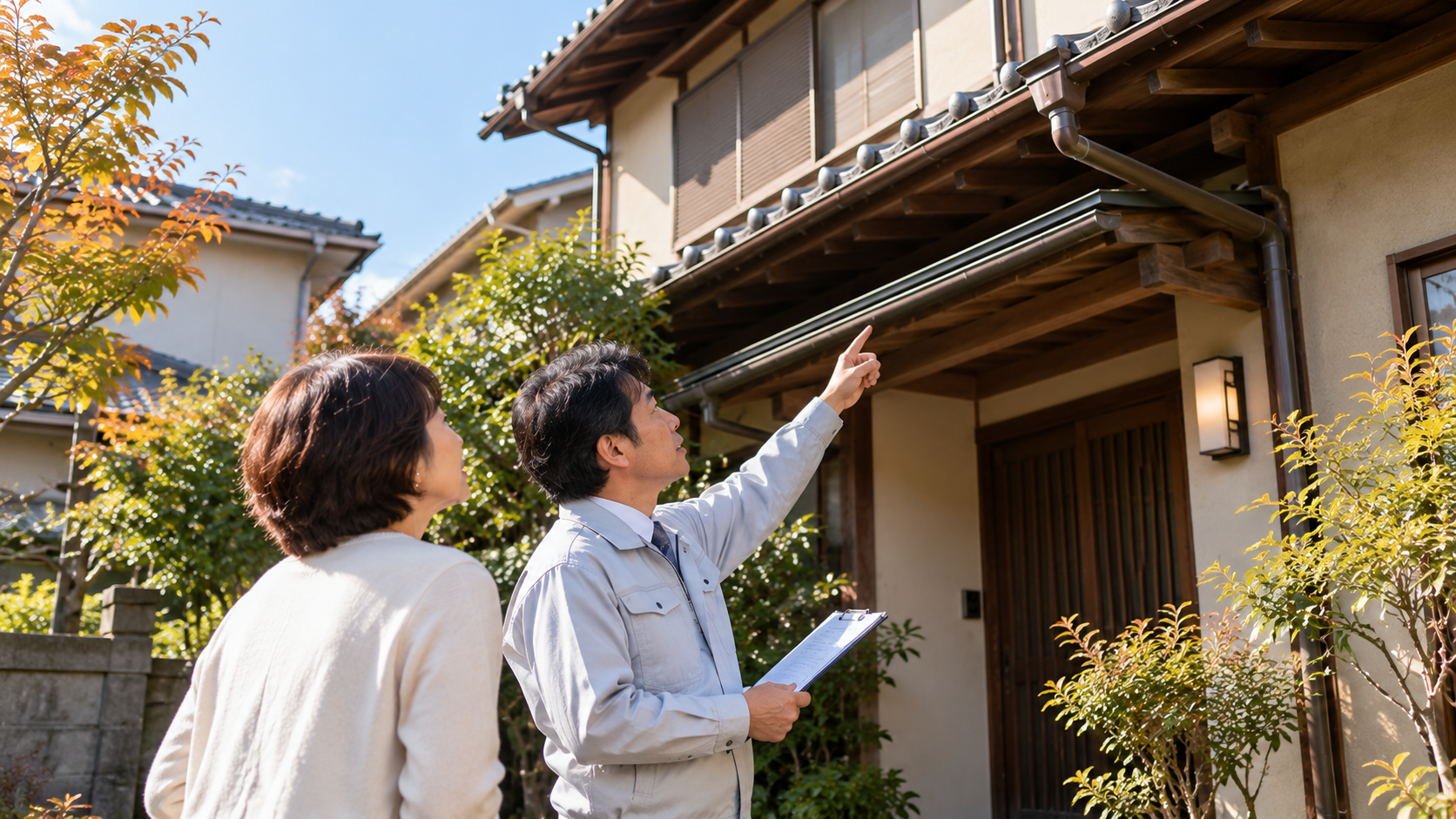 担当者が家族と一緒に、空き家の外まわりを指さして点検している様子