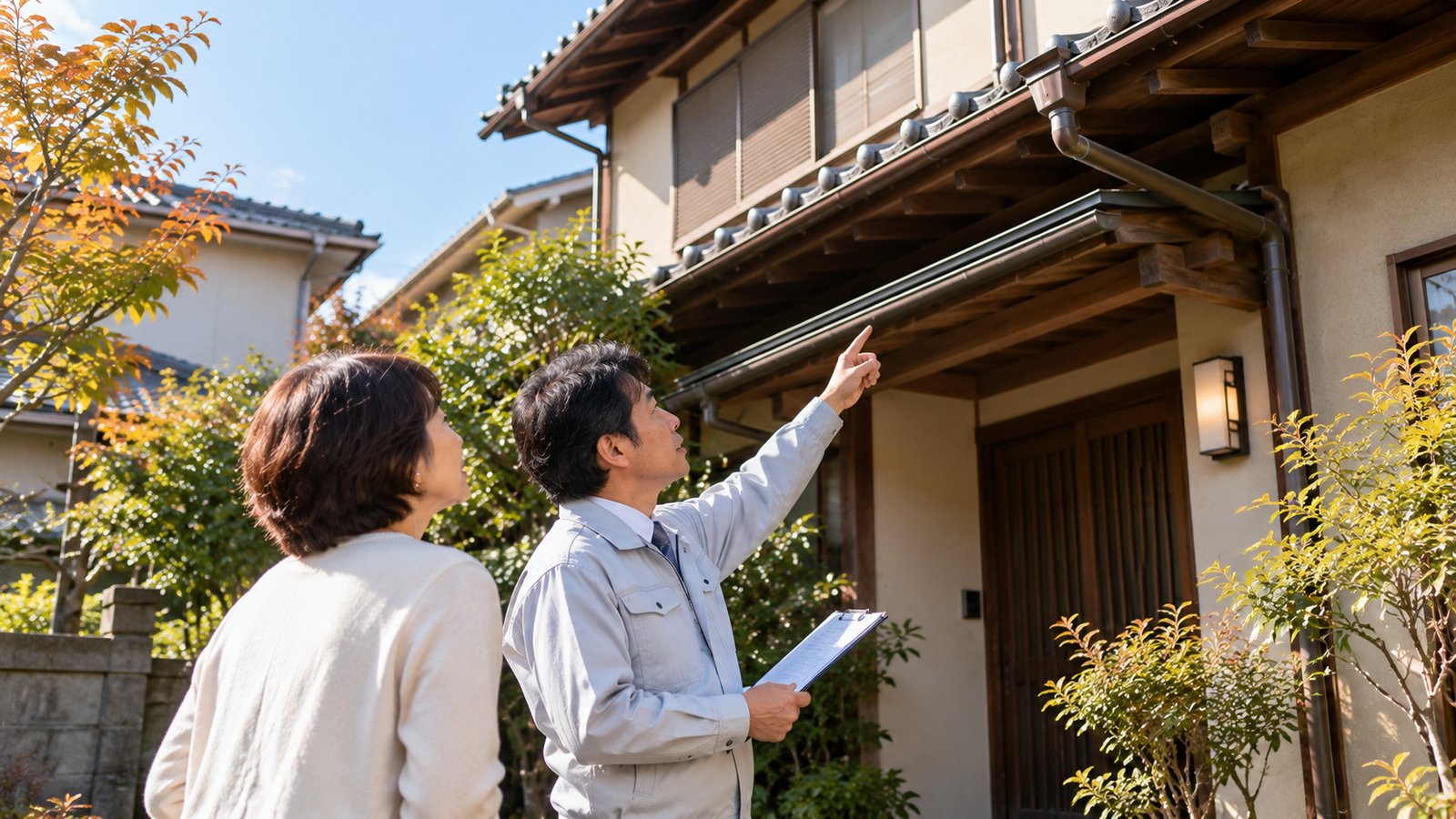担当者が家族と一緒に、空き家の外まわりを指さして点検している様子
