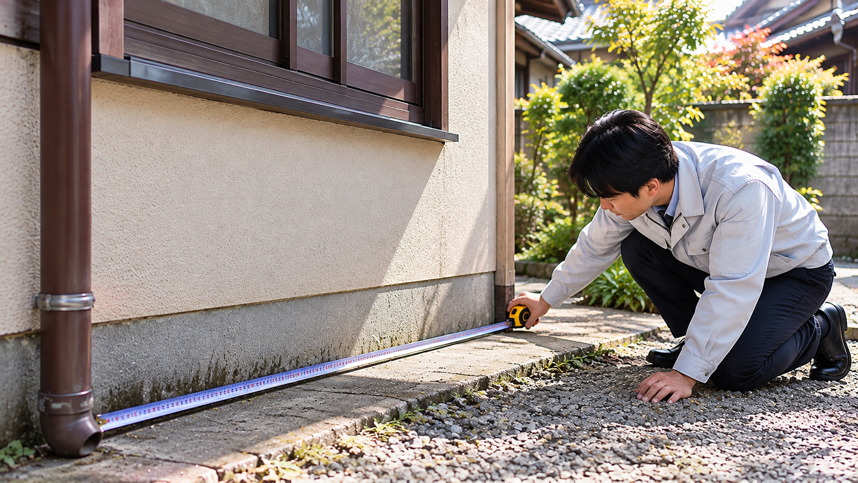 住宅の基礎付近を専門家が現地で確認している様子