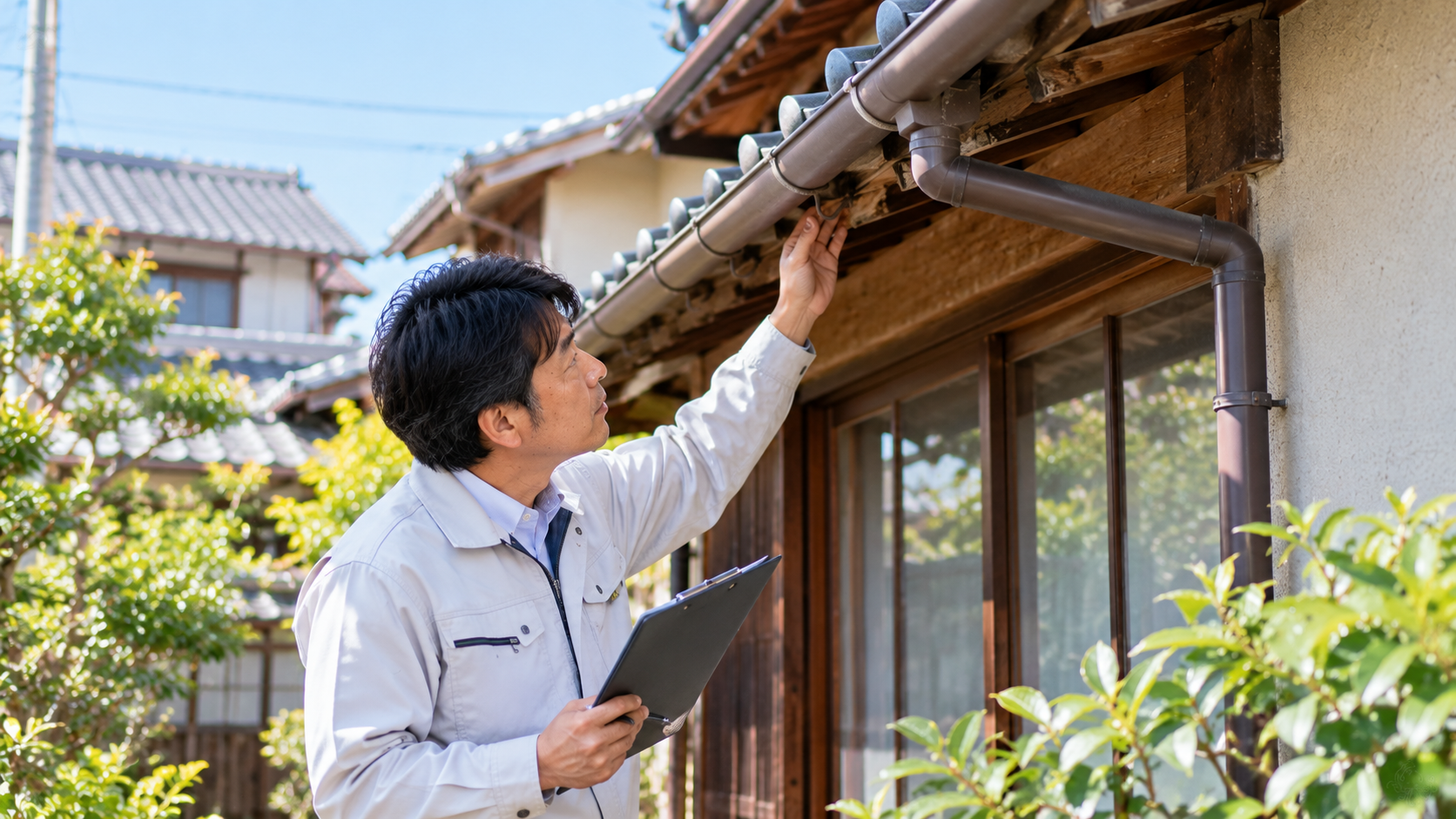 専門家が古い住宅の雨樋と軒先を点検し、保全の必要性を確認している様子