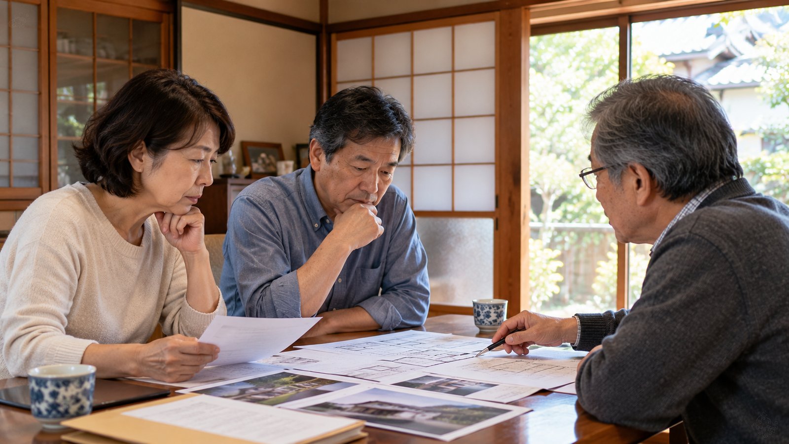 京都の実家の室内で、家族が図面を囲んで今後の扱いを相談している様子
