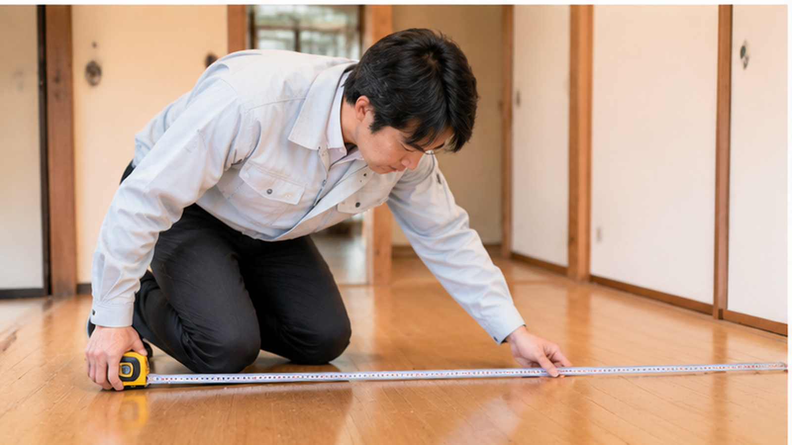 担当者が室内の床の寸法や状態を確認している様子