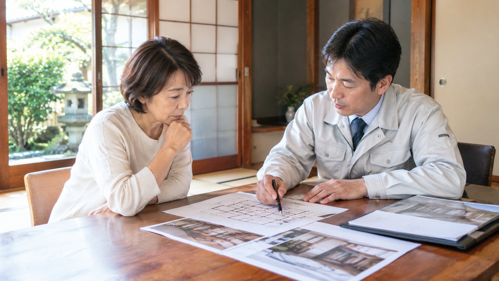 相続した実家の資料を広げて、所有者と担当者が相談している様子