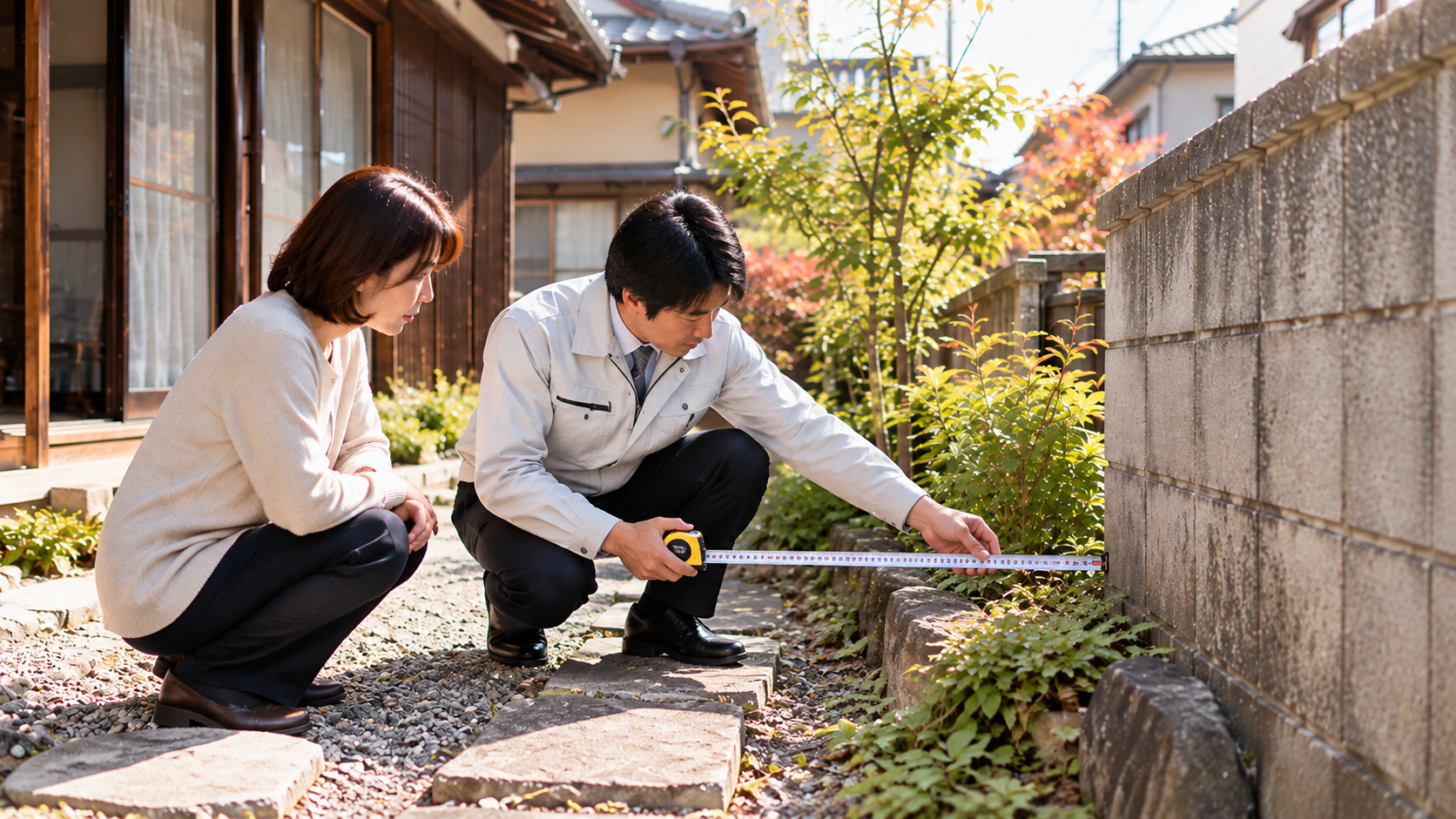 家族と担当者が庭先で境界付近をメジャーで確認している様子