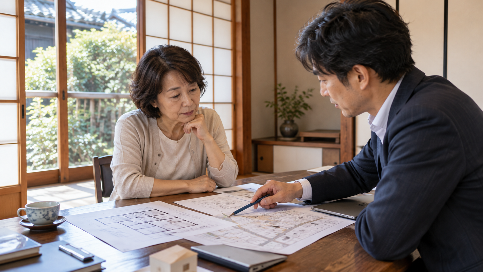 所有者が担当者と資料を見ながら境界や今後の活用について相談している様子