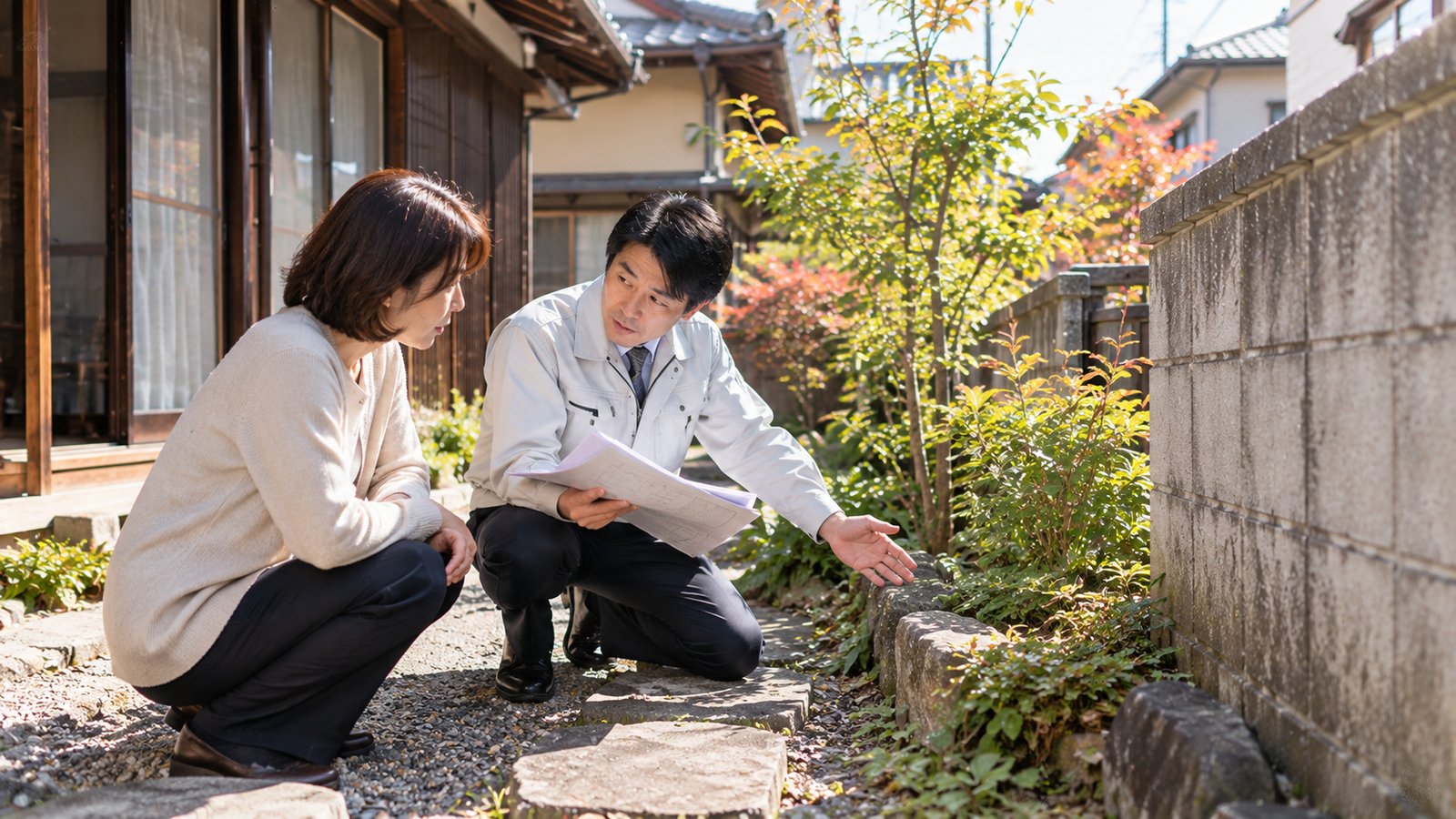 家族と担当者が敷地の境界について話し合っている様子